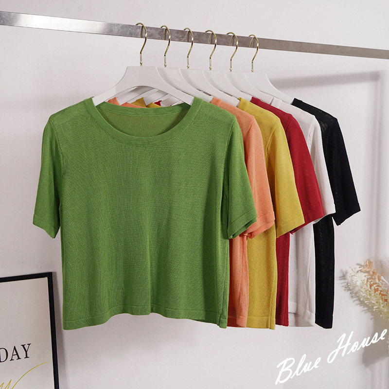 簡約基礎高腰冰絲針織衫女夏裝淨版寬松短袖打底T恤露臍短款上衣在類目 女裝/女士精品, 毛針織衫中 - 來自Buy2taobao.com提供專業的淘寶代購服務