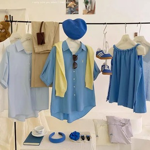 藍色韓系休閑卷邊小馬刺繡短袖 女夏寬松顯瘦百搭襯衣氣質上衣 襯衫