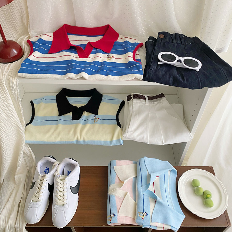 复古撞色条纹polo领小狗刺绣短袖t恤女夏季韩版休闲宽松显瘦上衣