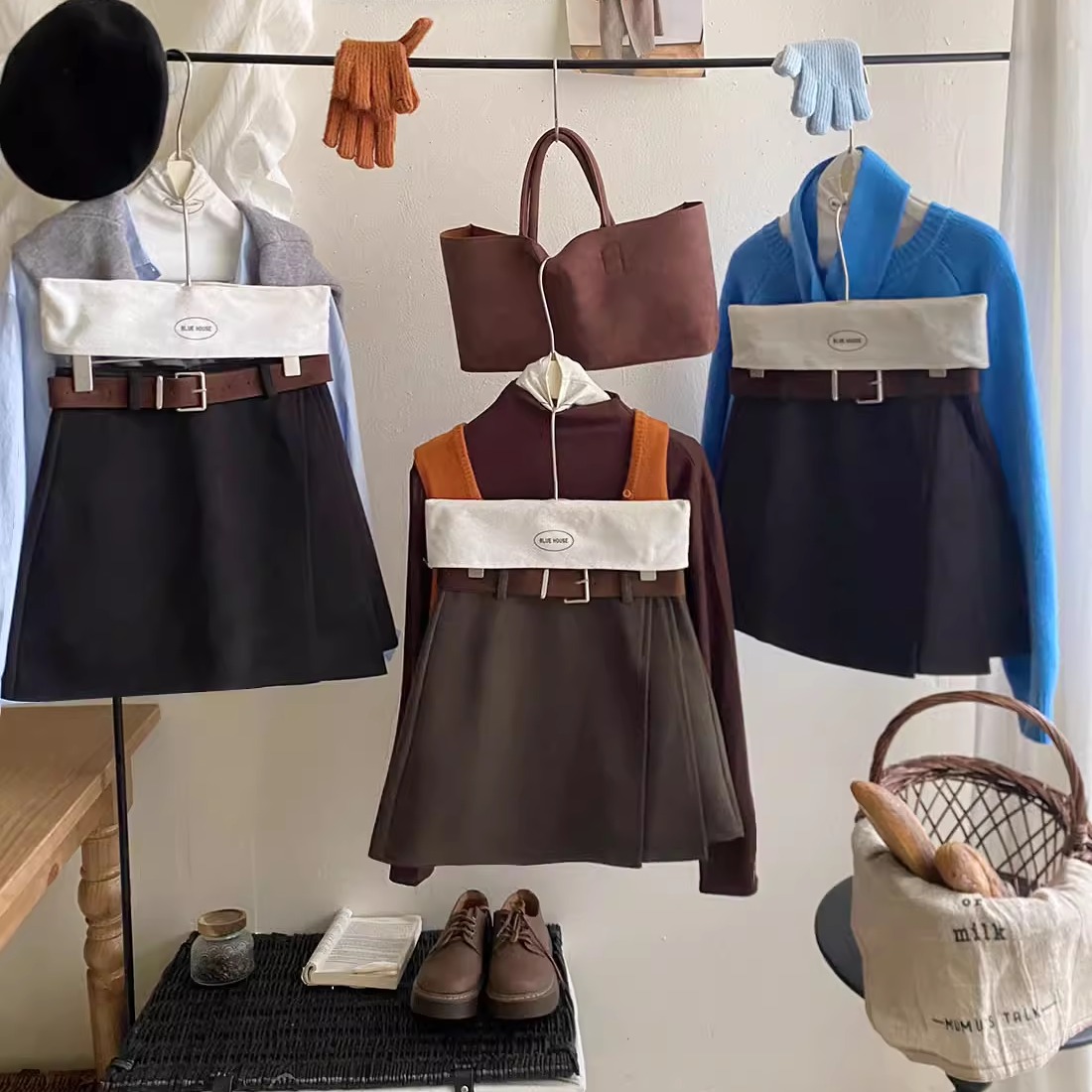 不规则侧百褶复古羊毛呢西装短裙