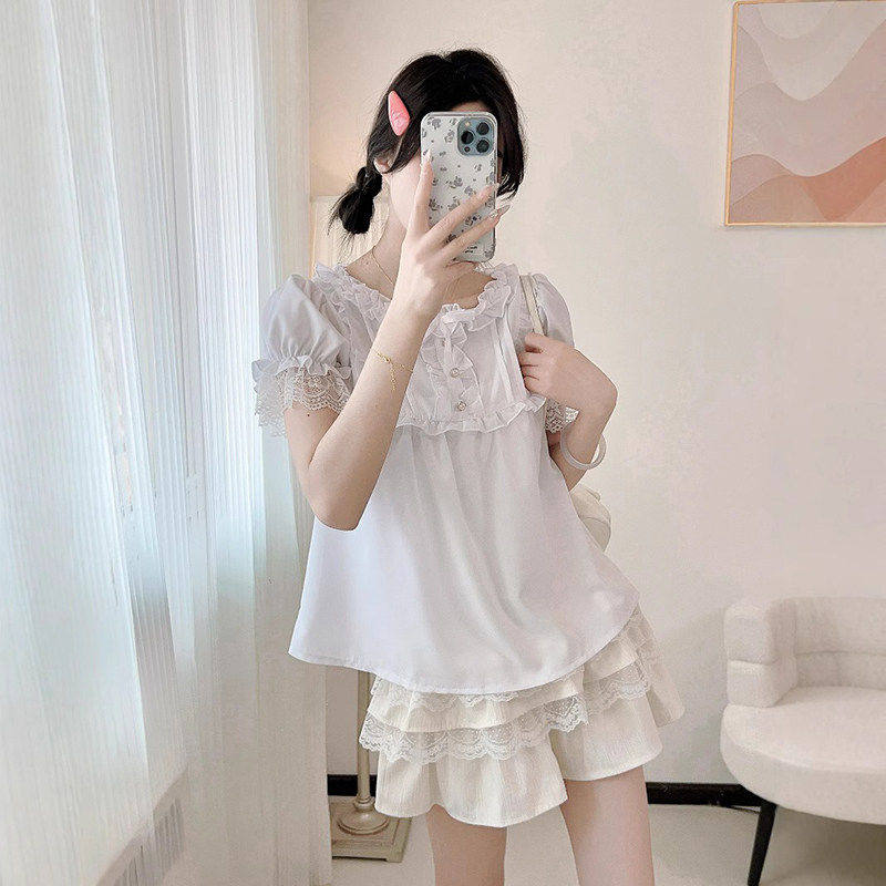 女士复古纯色套头可爱蝴蝶结衬衫 中世纪文艺复兴短袖蕾丝衬衫