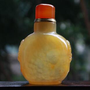 蒙古族特色鼻烟壶兽耳高盖薄堂铜盖木质塞口带勺老料玛瑙手工嘎乌