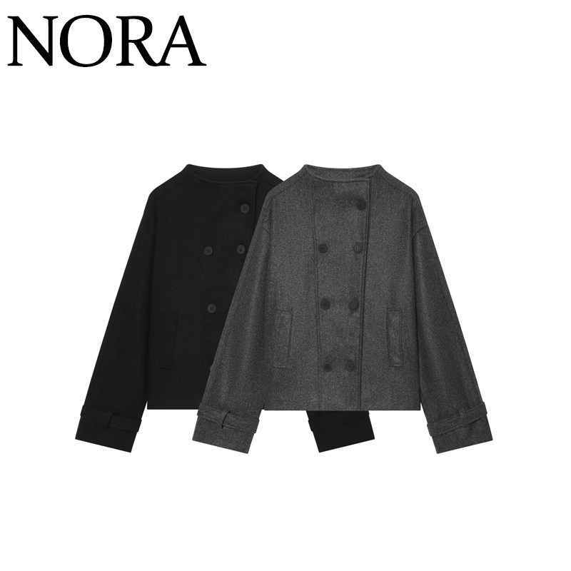 NORA 欧美风 ZA女装 时尚纯色百搭圆领双排扣毛呢大衣外套
