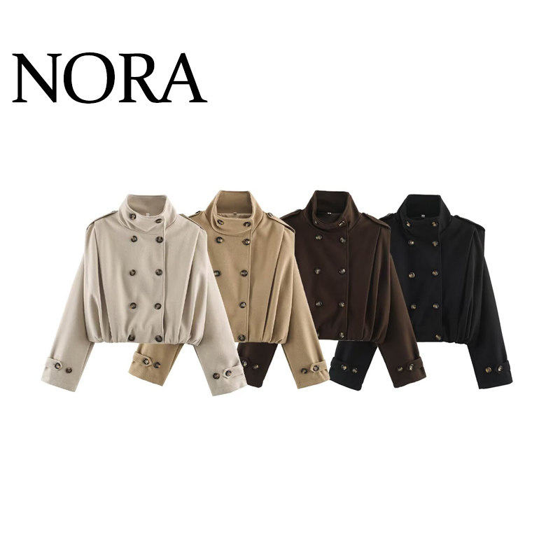 NORA 欧美风 ZA女装 时尚百搭纯色立领双排扣打褶休闲毛呢外套