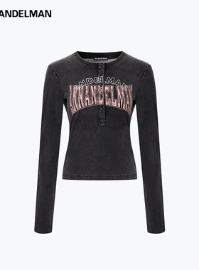 ANN ANDELMAN官方直营 黑色上衣半开圆领修身印花长袖打底t恤内搭