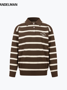ANN ANDELMAN棕白条纹长袖POLO衫上衣复古宽松刺绣针织衫女秋冬