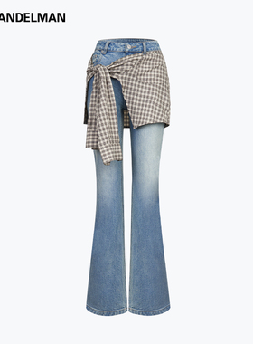 【明星同款】ANN ANDELMAN蓝色微喇牛仔裤叠穿绑带两件式喇叭裤