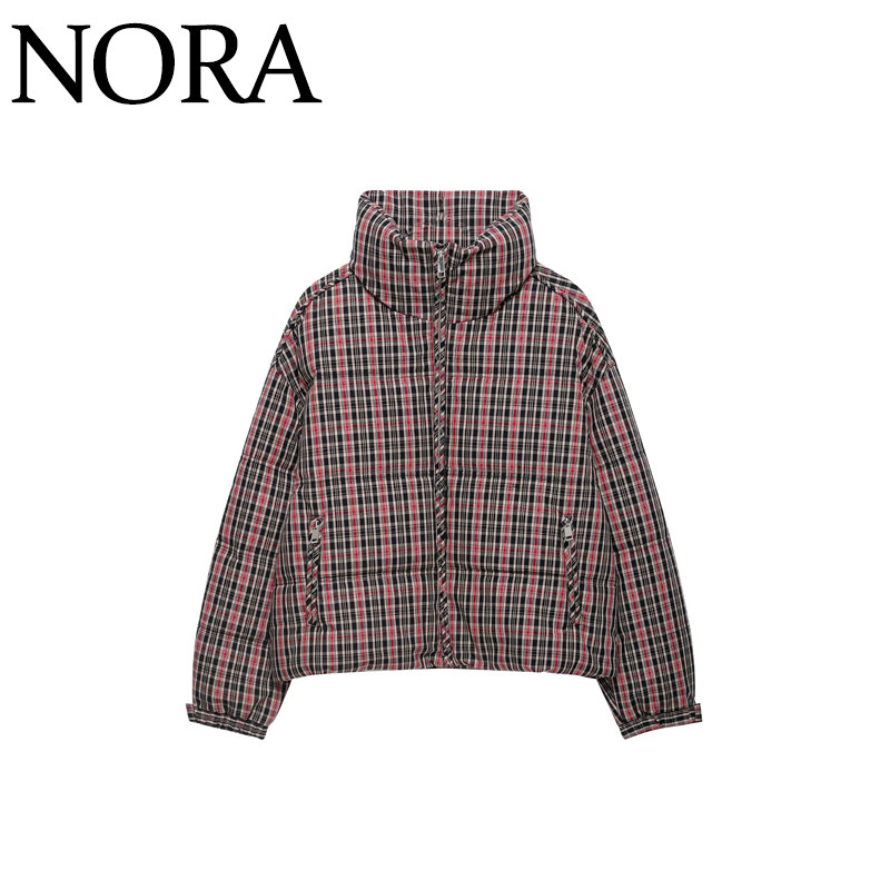 立领复古格子棉服外套8372233