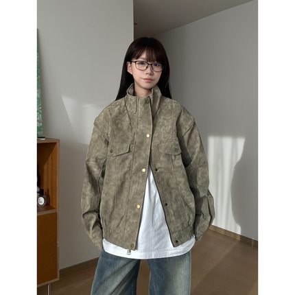 秋冬款美式复古机车夹克男女潮牌防风假两件情侣外套宽松复古外套