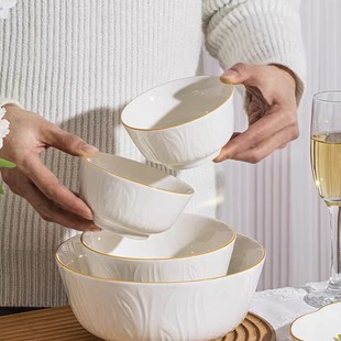 顺祥轻奢釉下彩纯白浮雕餐具高级感纯色家用米饭碗乔迁碗盘碟套装