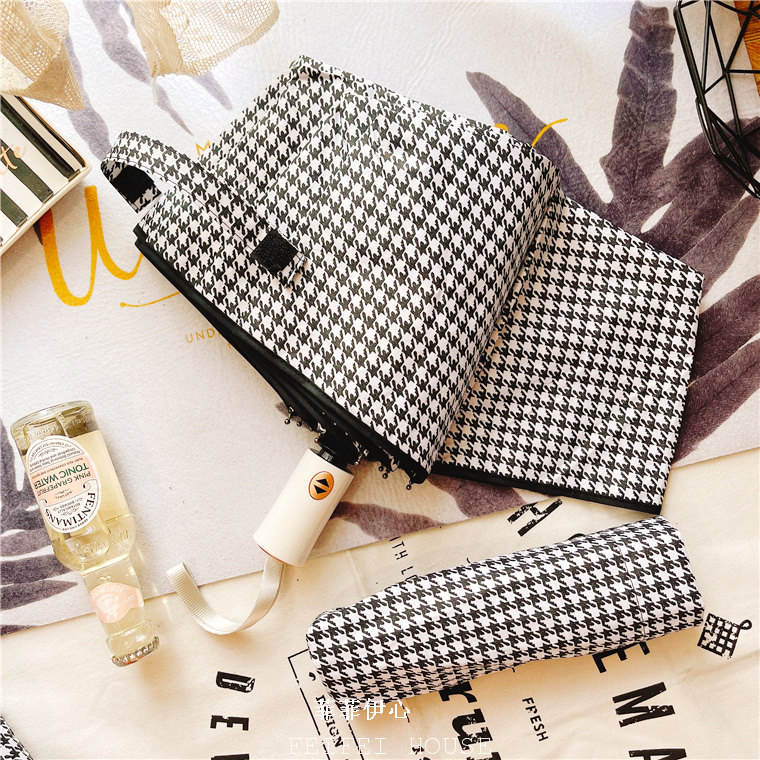 335克超轻千鸟格银胶防紫外线全自动三折叠晴雨伞男女防晒遮阳伞