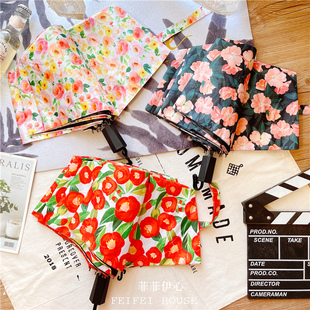 小清新日系ins加大复古玫瑰蔷薇三折叠黑胶防紫外线两用晴雨伞女