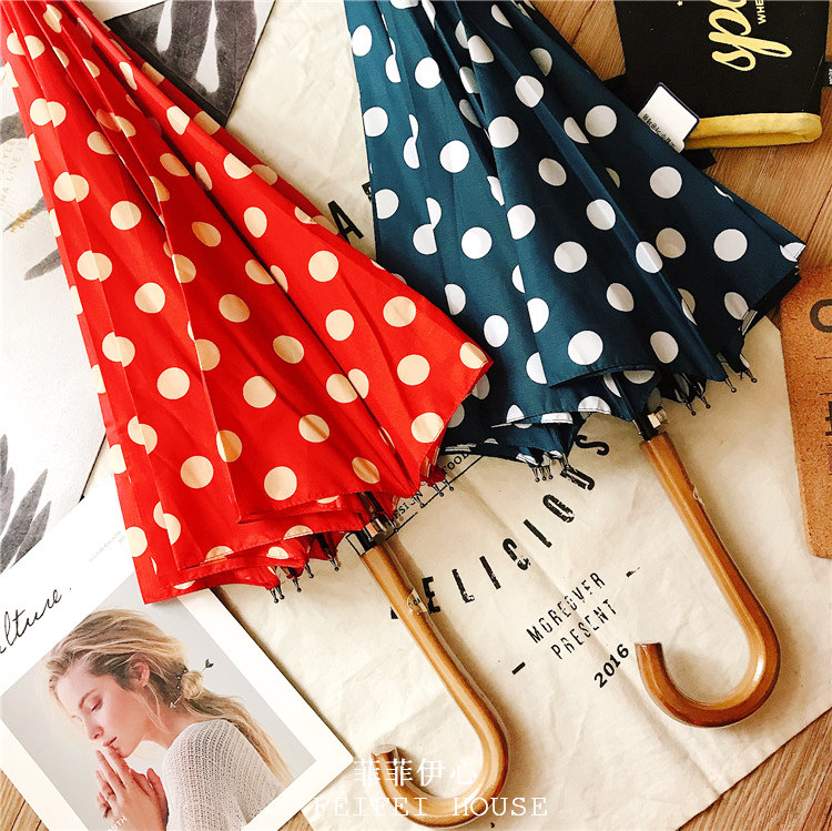 韩国ins森系抗风复古波点两用晴雨伞 12骨自动纯色长柄伞学生男女