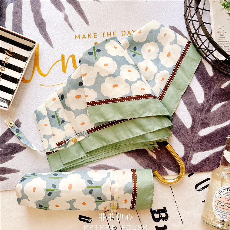 小清新超轻防紫外线遮阳伞花朵弯钩防晒太阳伞三折叠两用晴雨伞女