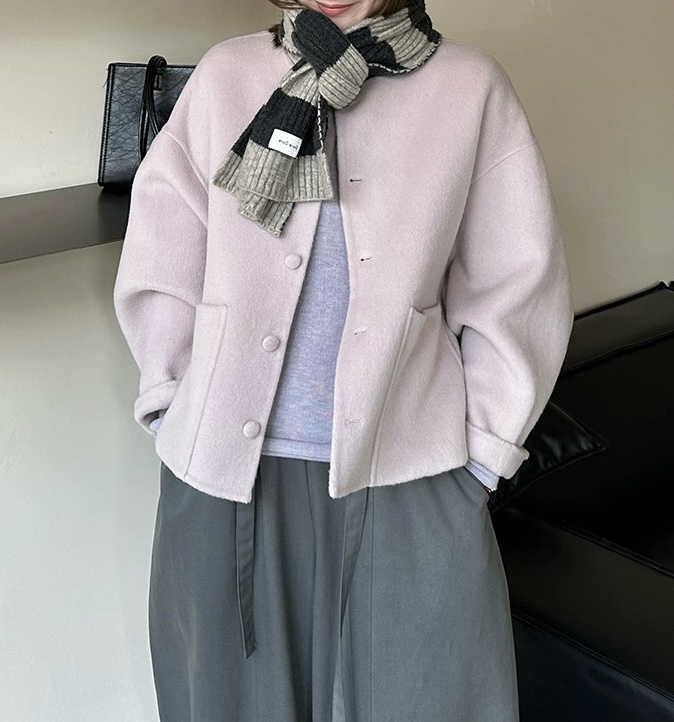 韩系双面羊绒大衣女2025圆领大口袋短外套小个子单排扣羊毛呢上衣