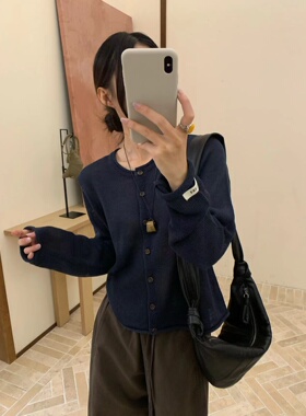 缤典正版2025秋新款圆领卷边单排扣针织开衫女宽松百搭毛衣外套潮