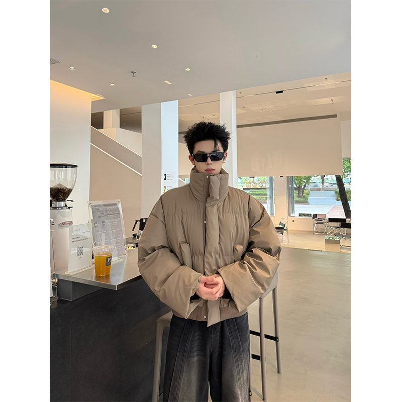 PU皮潮牌立领短款羽绒棉服男装冬季潮牌痞帅棉袄加厚cleanfit棉衣