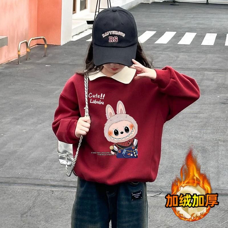 加绒卫衣女童卡通翻领套头外套女孩学生冬季儿童上衣加厚红色衣服