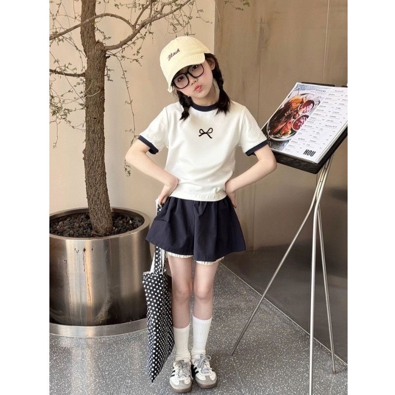 女童洋气落肩t恤儿童网红短袖上衣大童修身半袖衣服2025夏装新款