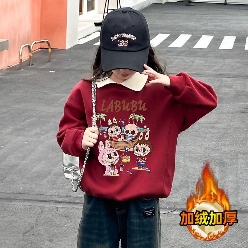 加绒卫衣女童卡通翻领套头外套女孩学生冬季儿童上衣加厚红色衣服