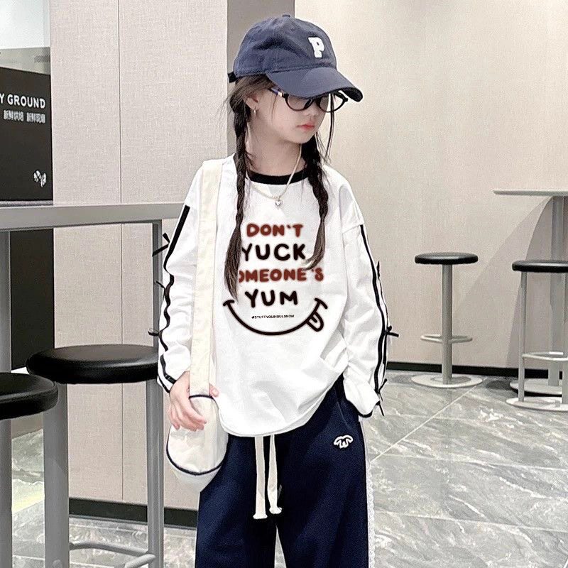 纯棉儿童韩版洋气女孩初高中学生上衣女童条杠长袖T恤春秋宝宝