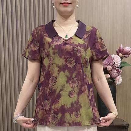 630气质妈妈装夏季翻领小衫新款中老年女装短袖洋气上衣