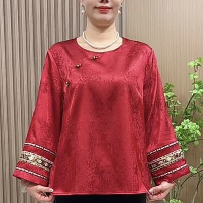 8750打底衫女春秋薄款小衫气质妈妈装中国风缎面提花宽松圆领上衣