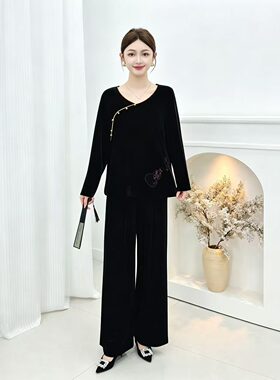WY金丝绒上衣新中式早秋中款女宽松大码中老年妈妈装盘扣国风套装