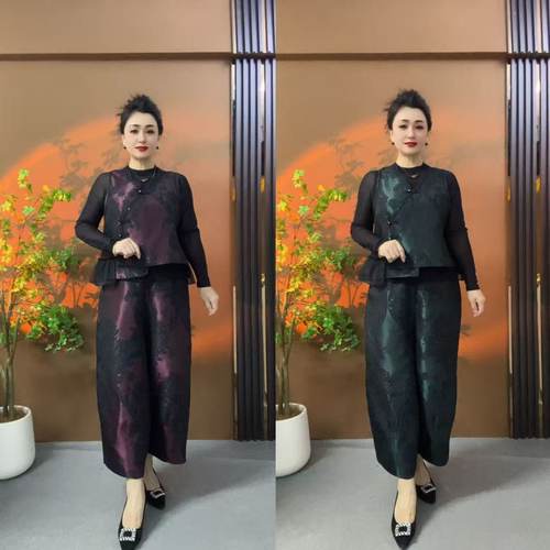 A197新款V领提花不等式两件套马甲裤子中老年女装气质高档套装