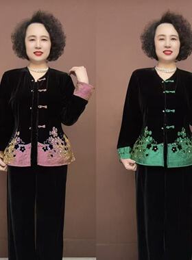 H-春秋新款洋气中式丝绒拼接宽松中老年妈妈装长袖开衫上衣