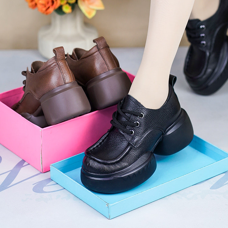 春秋新款厚底粗跟女士深口单鞋棕色牛皮真皮复古女鞋手工宽头皮鞋,女鞋,深口单鞋,淘宝优惠券,粉丝福利购,淘宝优惠卷