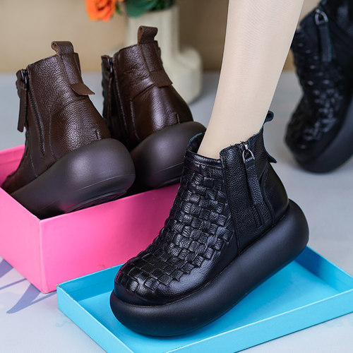 秋冬新款真皮厚底编制软底马丁靴