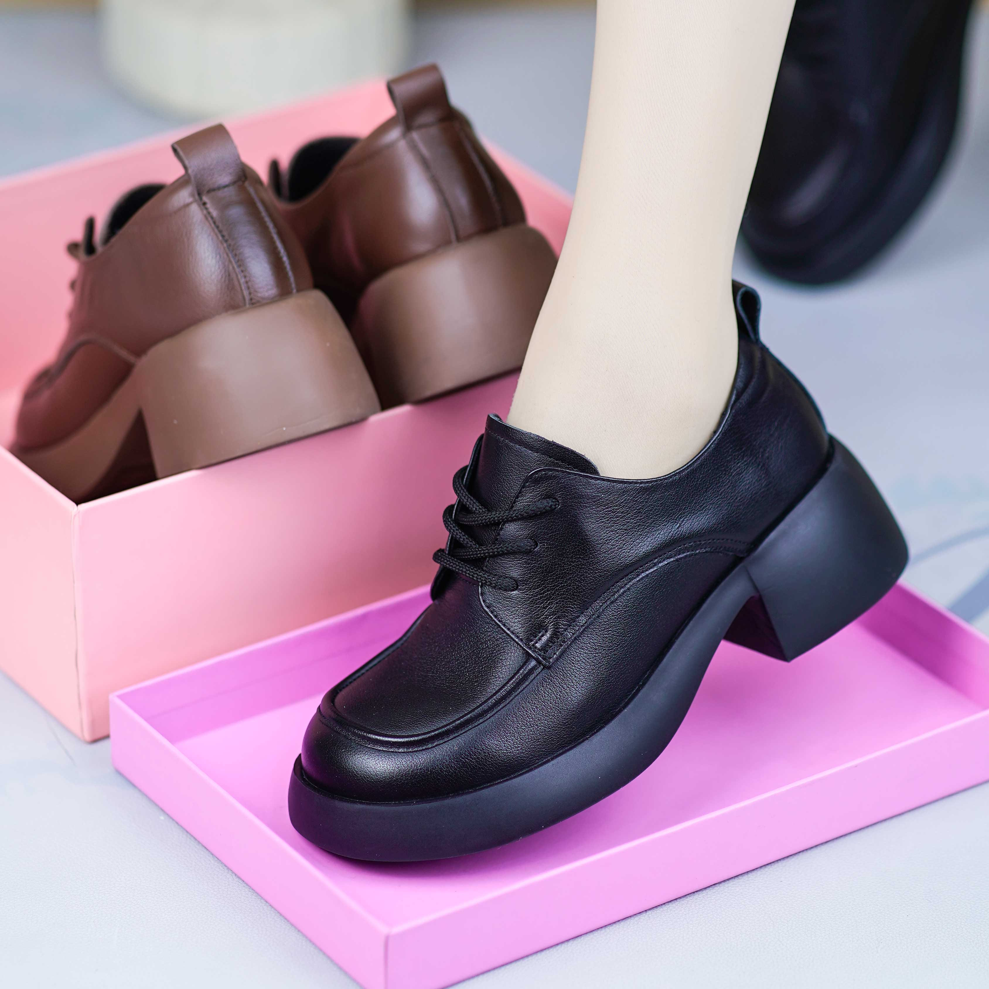 春秋新款英伦风真皮粗跟小皮鞋女