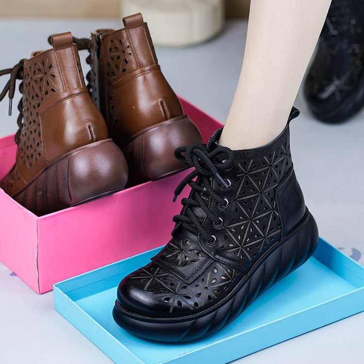 春夏新款真皮镂空马丁靴女松糕厚底圆头复古纯牛皮侧拉链洞洞凉靴