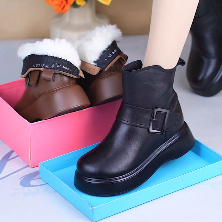 冬季新款真皮厚底加绒羊毛马丁靴