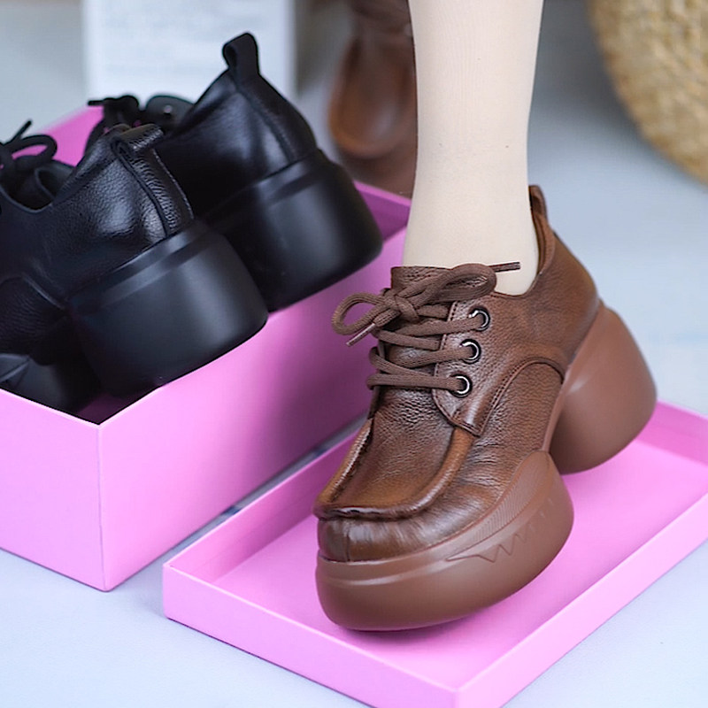 真皮厚底单鞋女2024春季新款手工粗跟软底圆头复古女鞋舒适松糕鞋