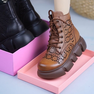 真皮厚底透气单靴 英伦风马丁靴女式 春夏薄款 短靴复古镂空时装 凉鞋