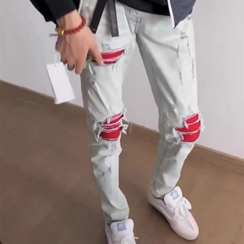 AMR jeans MX1 A米尔美式修身长裤洗水高街破洞紧身男牛仔裤子