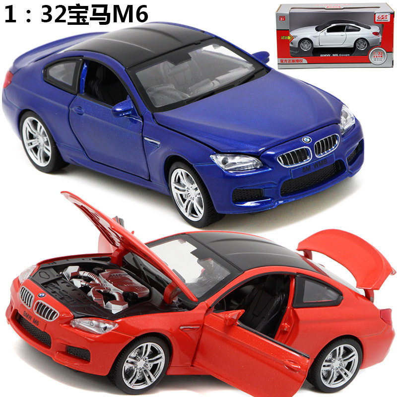 1:32宝马m6车模型合金摆件可开车门声光回力白红蓝色宝马玩具小车