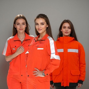 港口夏季橘红色短袖工作服黄金海岸仓储物流装卸男女秋季长袖套装