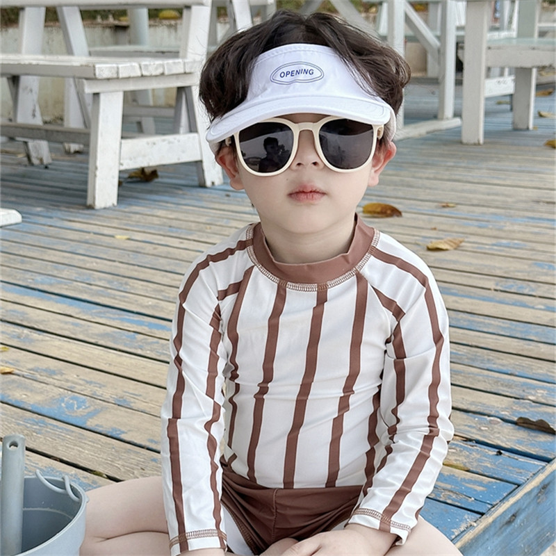 2026夏季新款儿童游泳衣男童韩版长袖防晒泳装中小童格子分体泳衣