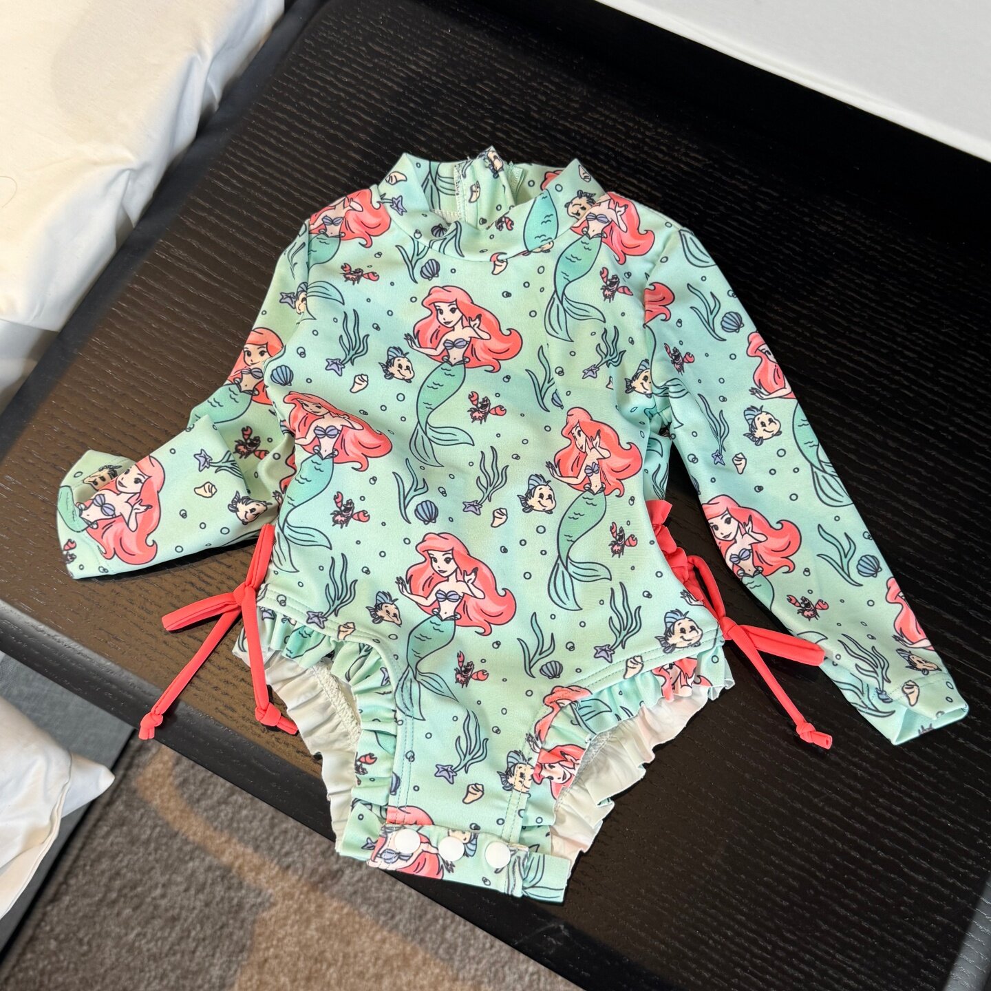 女童中小童长袖连体泳衣防晒卡通印花荷叶边度假风游泳衣