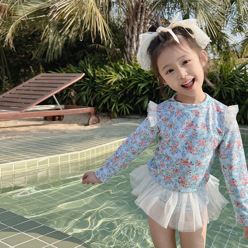 ins韩版可爱儿童泳衣白色纱裙长袖防晒泳装温泉度假旅游套装儿童