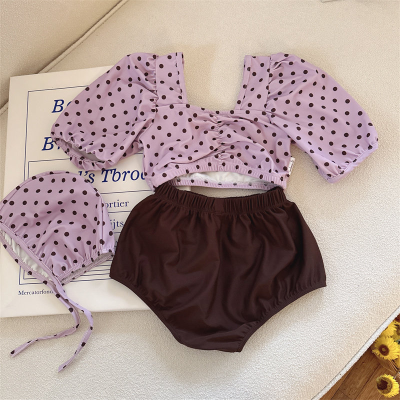 韩版2025新款分体式带帽彩色波点可爱女童泳衣泳装夏日度假套装