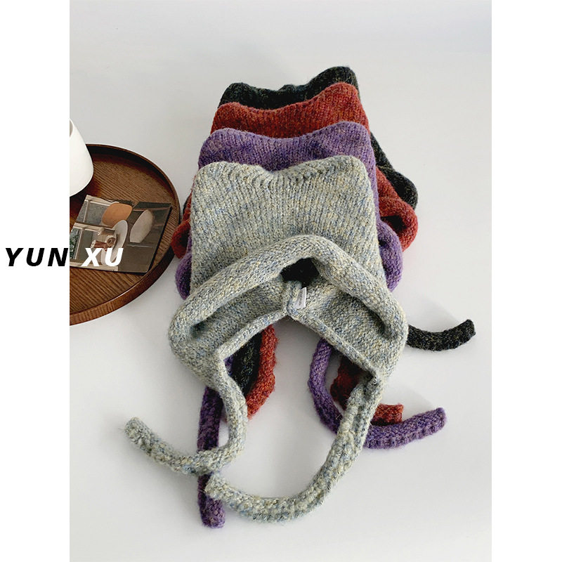 允旭/可爱耳朵针织帽子女秋冬厚款甜美绑带包头帽日系护耳毛线帽