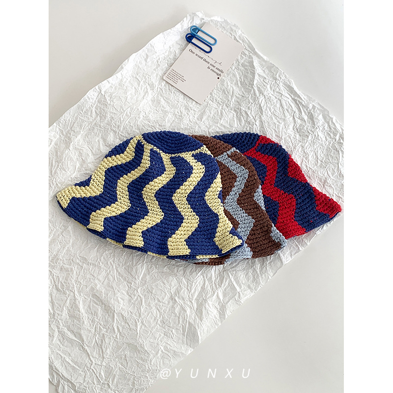 允旭/韩版复古撞色宽波浪纹针织渔夫帽女春夏显脸小百搭毛线盆帽