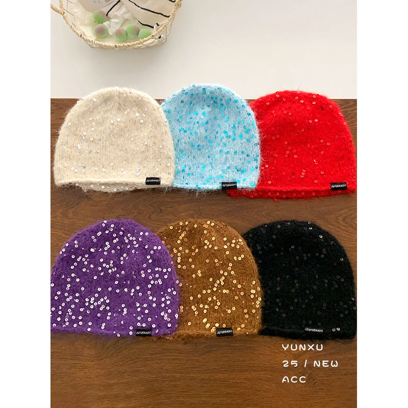 允旭/日系秋冬季混纺亮片包头冷帽女氛围感显脸小百搭时髦针织帽