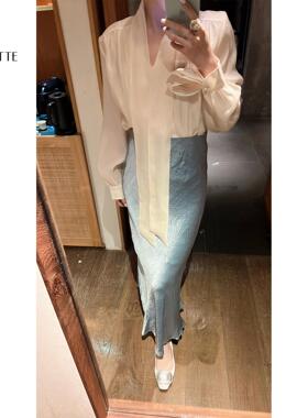 遇儿推荐【茉莉狂想】气质蓝色开叉半身裙20240016