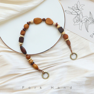 叉子手工新品 饰配件替换手拎包带 原木风木头珠包带女包装