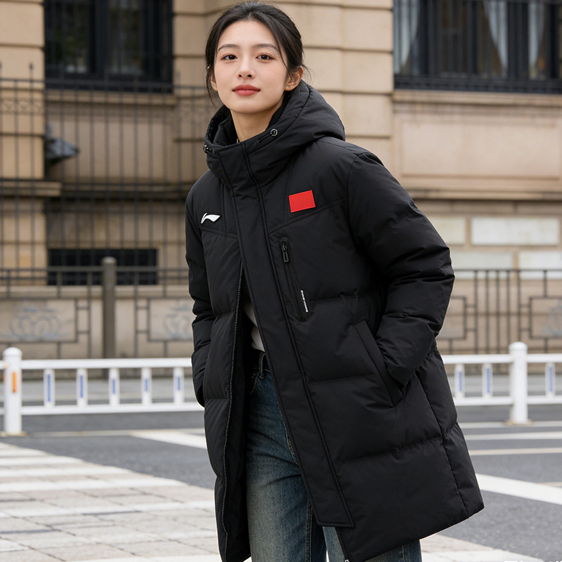 李宁中长款羽绒服女士冬季2025新款过膝长款防泼水棉服初高中生男